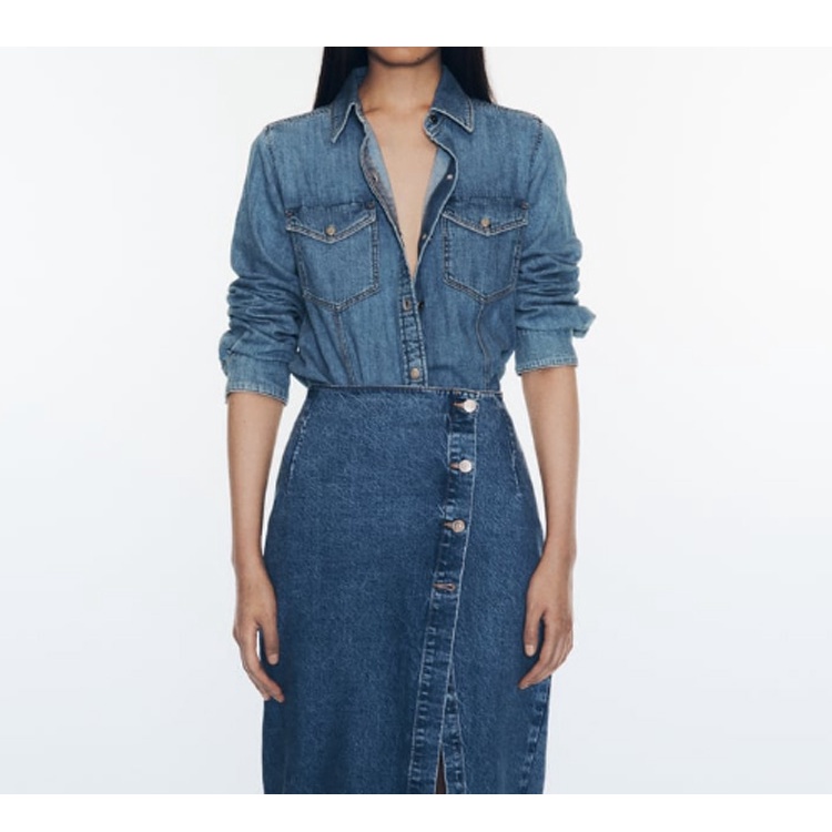 Zara Áo Sơ Mi denim Tay Dài Có Túi Phối Nút Kim Loại Thời Trang Thu Đông 231879224