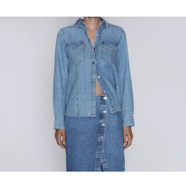 Zara Áo Sơ Mi denim Tay Dài Có Túi Phối Nút Kim Loại Thời Trang Thu Đông 231879224