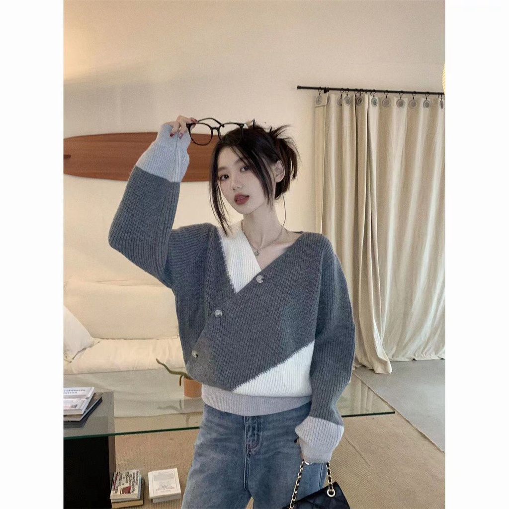 French-style gentle asymmetric twill sweater women's autumn and winter New loose outer wear contrast color sweater top MC suit XA68