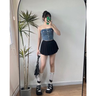 Áo ống denim xanh nhạt nút kim loại