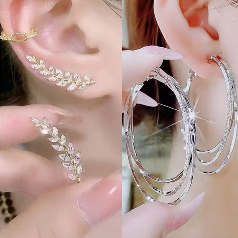 Bông Tai Bạc 925 Đính Đá zircon Hình Lá Siêu Lấp Lánh Phong Cách Mới