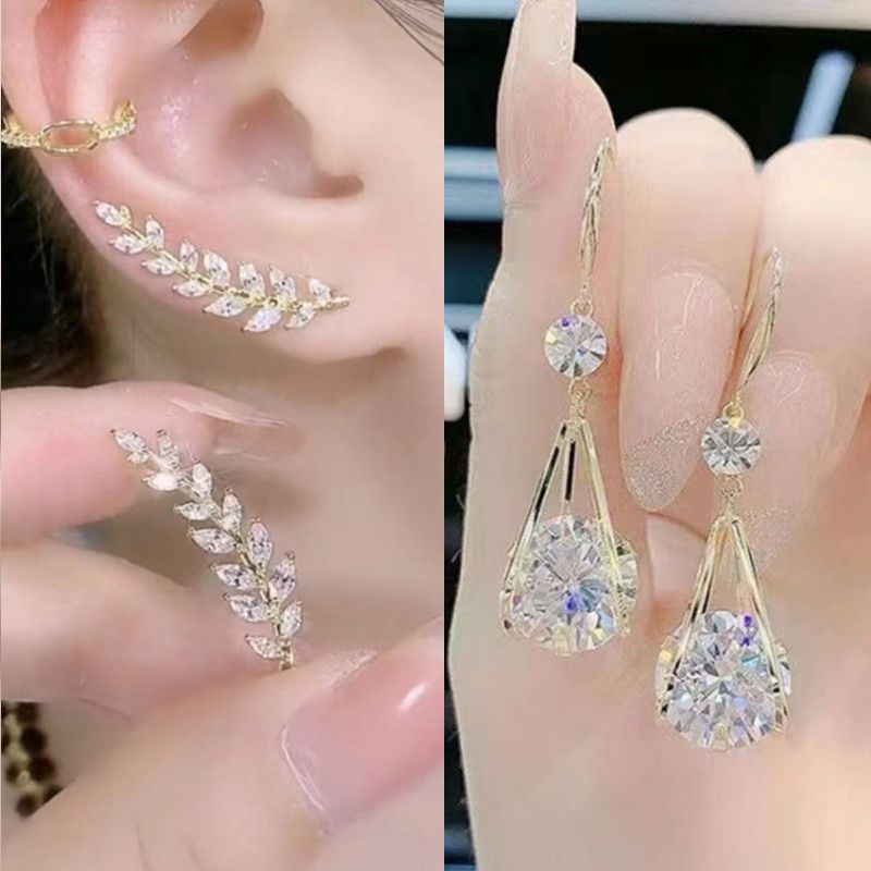 Bông Tai Bạc 925 Đính Đá zircon Hình Lá Siêu Lấp Lánh Phong Cách Mới