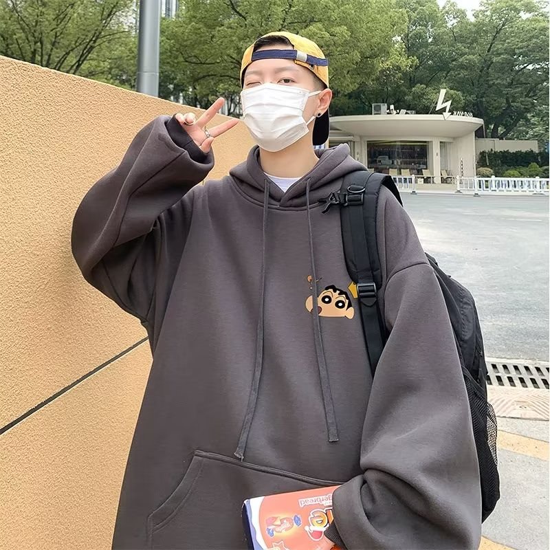 Áo hoodie dáng rộng thời trang cho nam size M-8XL cotton Nhung Dày Dặn Tay Dài In Hình shinchan Thời Trang Mùa Thu Cho Nam Giới