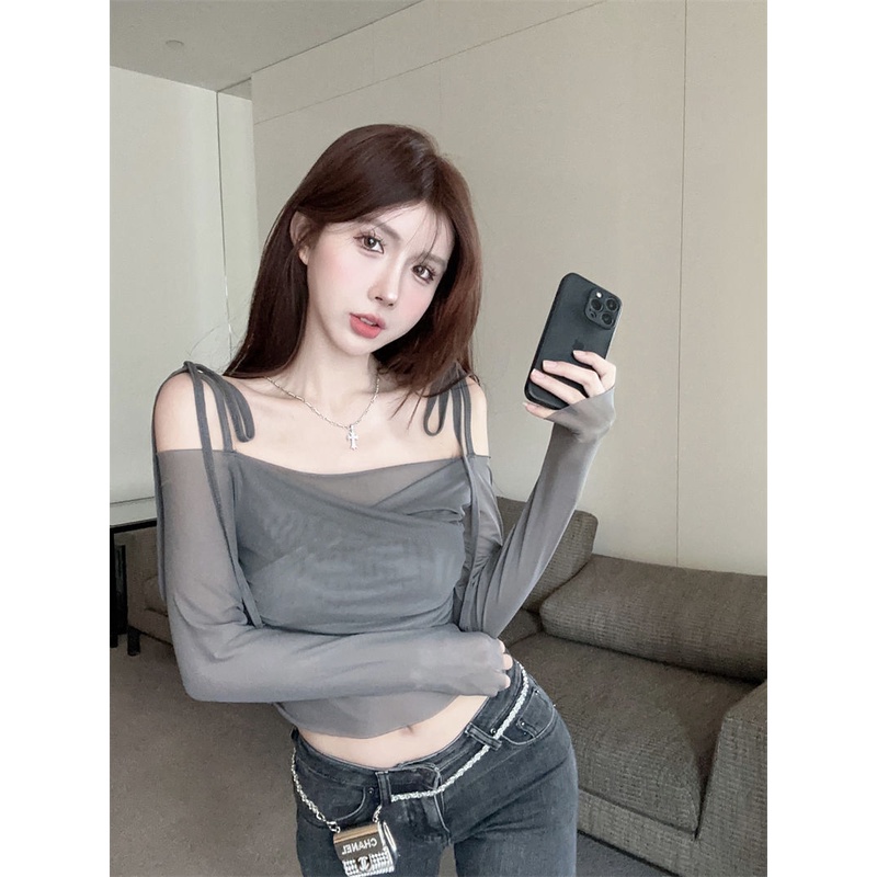 Áo Thun Tay Dài Hở Một Bên Vai Phối Lưới Mỏng Chống Nắng Dành Cho Nữ