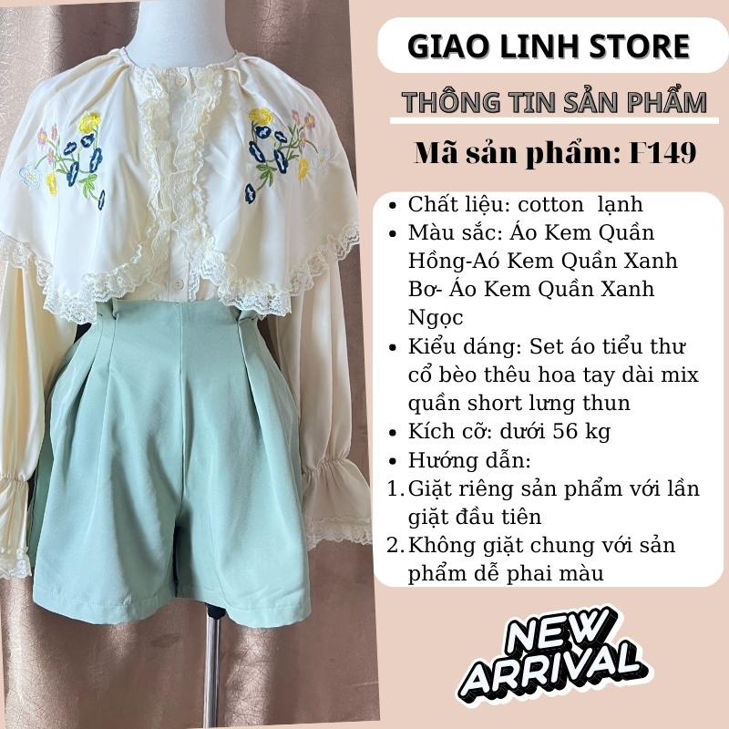 Set áo sơ mi tiểu thư  cổ bèo thêu hoa tay dài nút gài mix quần short lưng thun