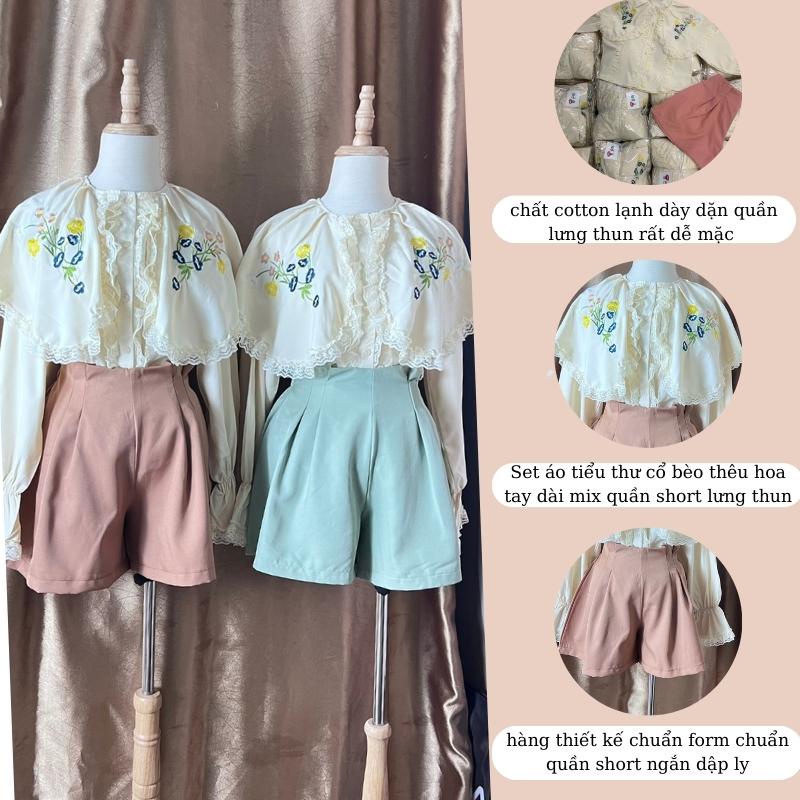 Set áo sơ mi tiểu thư  cổ bèo thêu hoa tay dài nút gài mix quần short lưng thun
