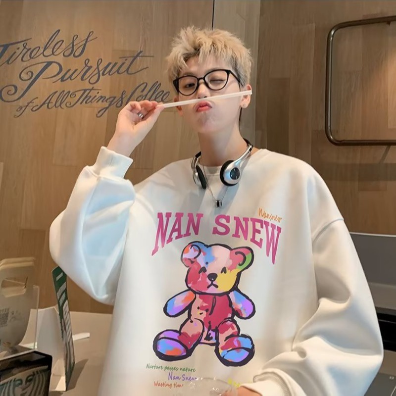 Áo sweater nam bigsize M-8XLÁo Sweater cotton Nhung Dày Tay Dài Cổ Tròn In Hình Gấu graffiti Mỹ Thời Trang Mùa Thu Cho Nam