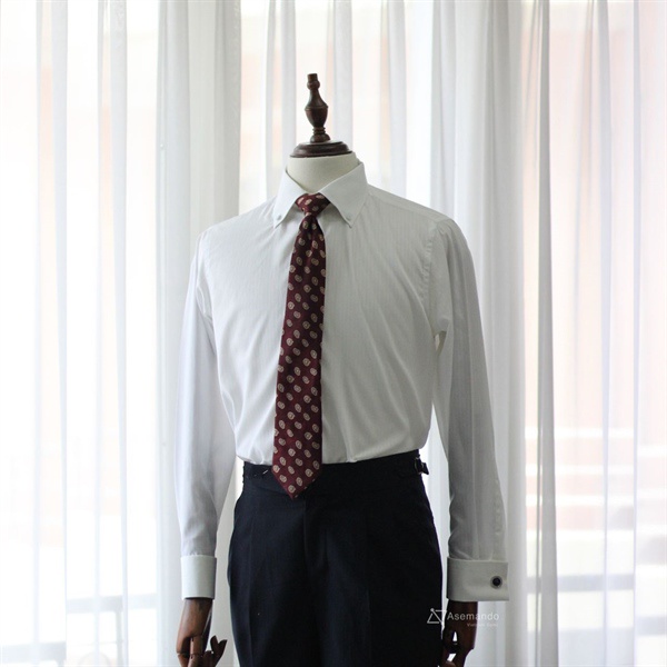 Frenchcuff Buttondown Trắng kẻ sọc chìm Sơ mi măng sét Áo sơ mi nam dài tay Asemando chuẩn Sartorial