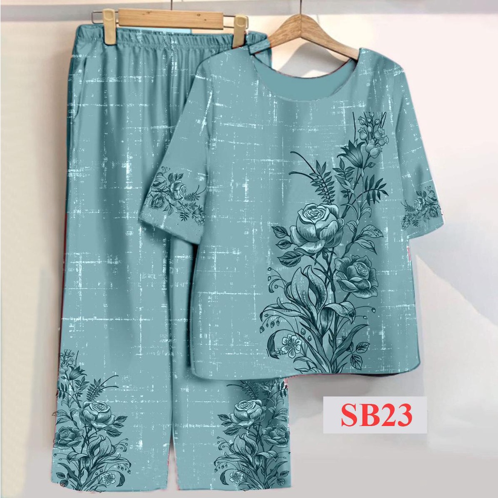 Bộ Đồ In Hoa Trung Niên 3D Lụa Hàn