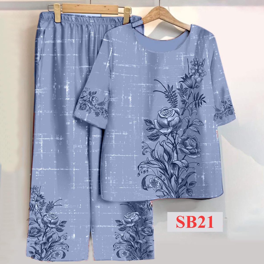 Bộ Đồ In Hoa Trung Niên 3D Lụa Hàn