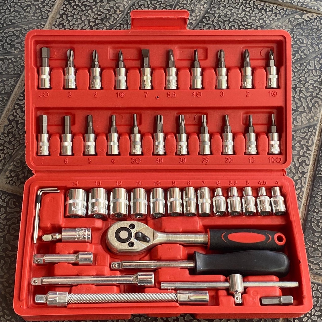 Bộ khẩu 46 chi tiết 1/4 CR-V, Bộ Dụng Cụ Sửa Chữa Cơ Khí, Hộp 46 Chi Tiết.