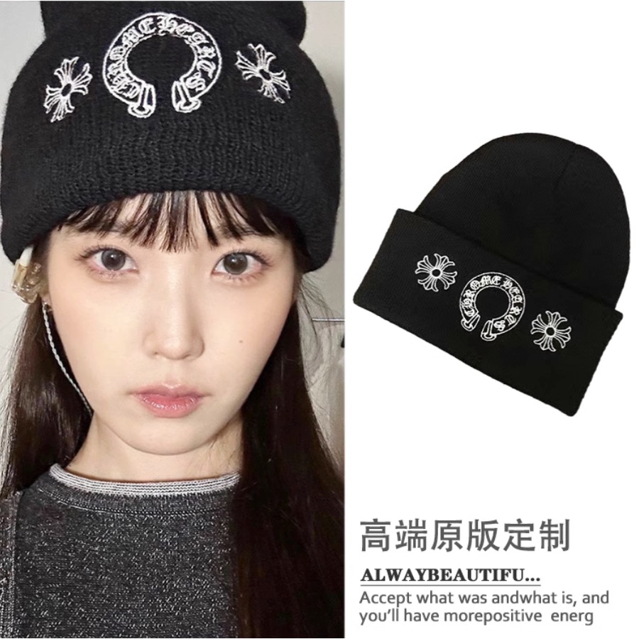 Mũ Len Thêu Chữ Thập Màu Đen Phong Cách hip hop Đường Phố Hàn Quốc iu li zhien