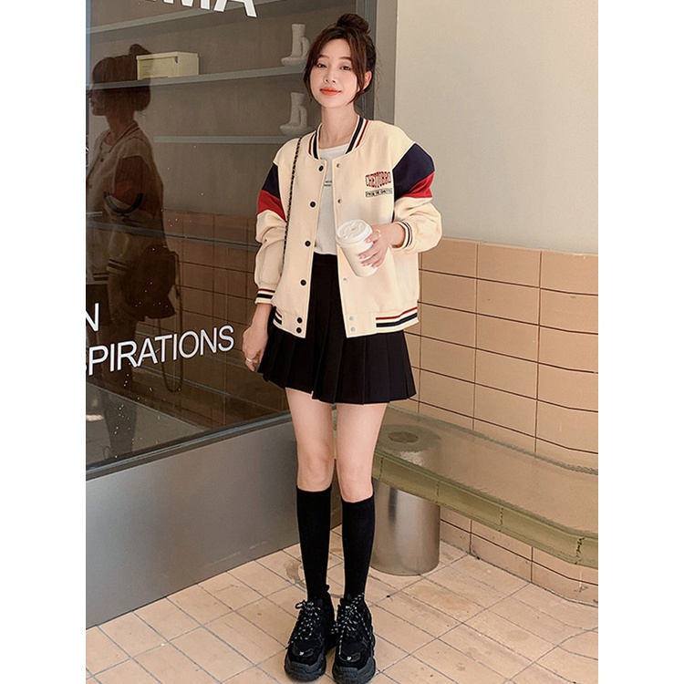 Miễn Phí Vận Chuyển Áo Khoác Nước  Hàng Có Sẵn Áo Khoác Bóng Chày Ngắn Hai Lớp Lót Vải Lót Dáng Rộng Phong Cách Mới Xuân Thu Cho Nữ