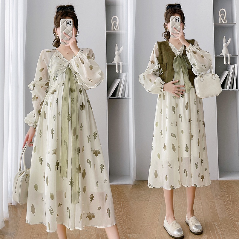 Bộ Đầm Bầu In Họa Tiết Phong Cách Mới + Áo vest Không Tay Cho Phụ Nữ Mang Thai