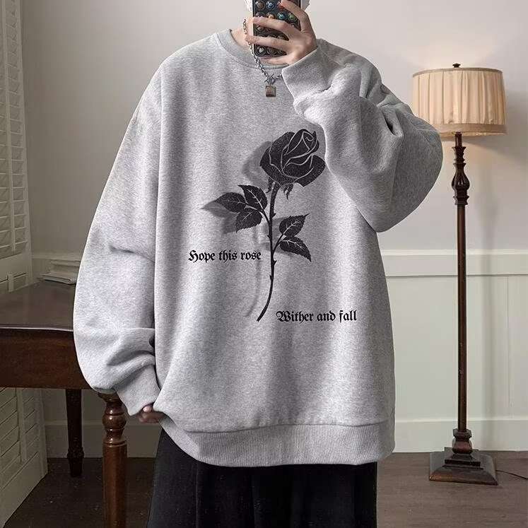 Áo Sweater cotton Tay Dài Dáng Rộng In Hình Hoa Hồng Phong Cách Đường Phố Mỹ Cổ Điển Thời Trang Cho Nam Và Nữ size m-5xl