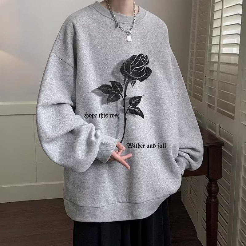 Áo Sweater cotton Tay Dài Dáng Rộng In Hình Hoa Hồng Phong Cách Đường Phố Mỹ Cổ Điển Thời Trang Cho Nam Và Nữ size m-5xl