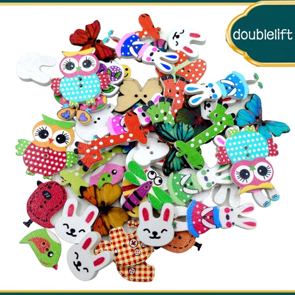 Set 50 Nút Gỗ Hoạt Hình Nhiều Màu Trang Trí Quần Áo diy