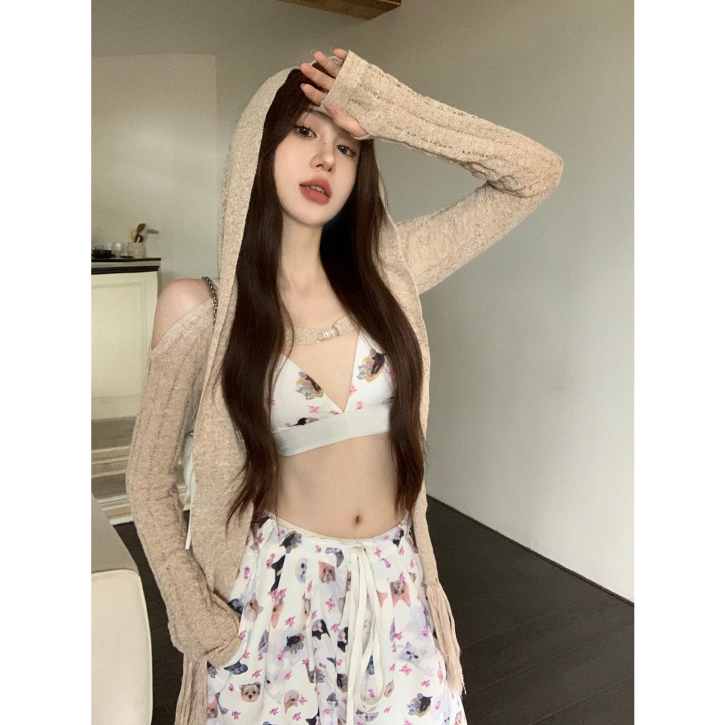 「Nonfatgirl」Bộ bikini Hai Mảnh Gồm Áo Ống + Quần Dài + Áo Khoác cardigan Trễ Vai + Áo Khoác cardigan Màu Trơn Quyến Rũ Cho Nữ