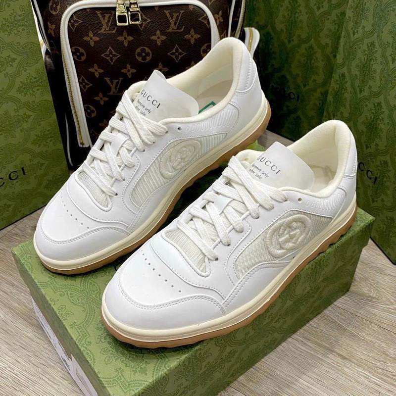 Giày Thể Thao Gucci Mac80 Leather Trainers In Cream Gucci Chunky Trắng Sữa Đế Vàng Full Bill Box