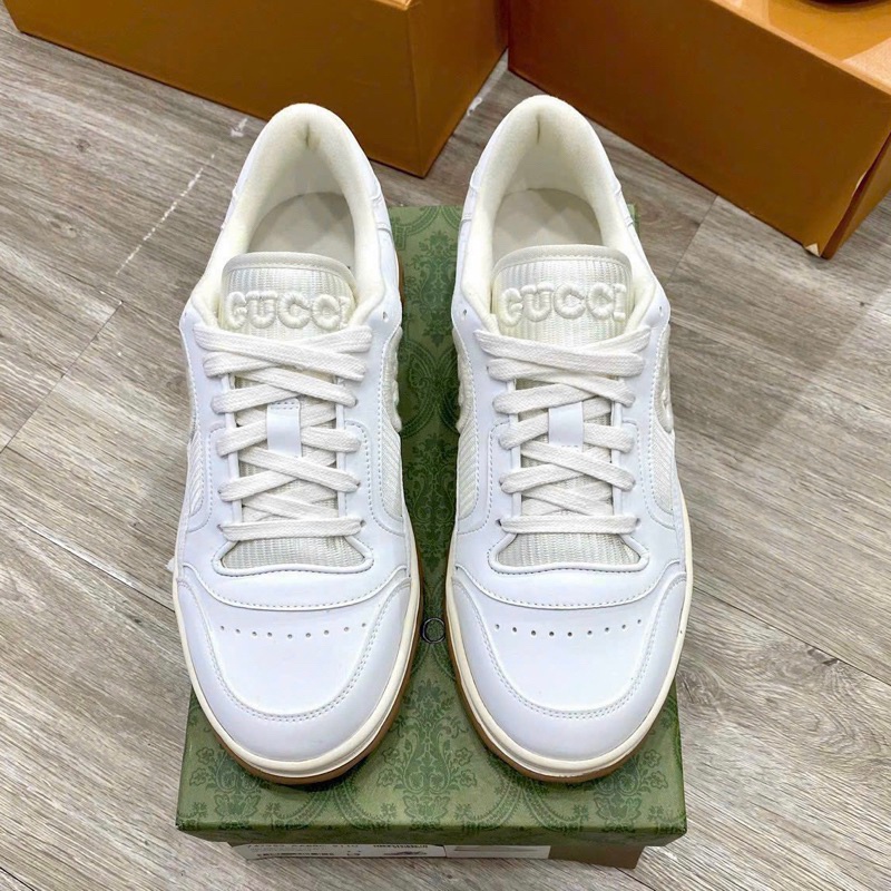 Giày Thể Thao Gucci Mac80 Leather Trainers In Cream Gucci Chunky Trắng Sữa Đế Vàng Full Bill Box