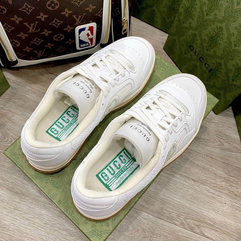 Giày Thể Thao Gucci Mac80 Leather Trainers In Cream Gucci Chunky Trắng Sữa Đế Vàng Full Bill Box