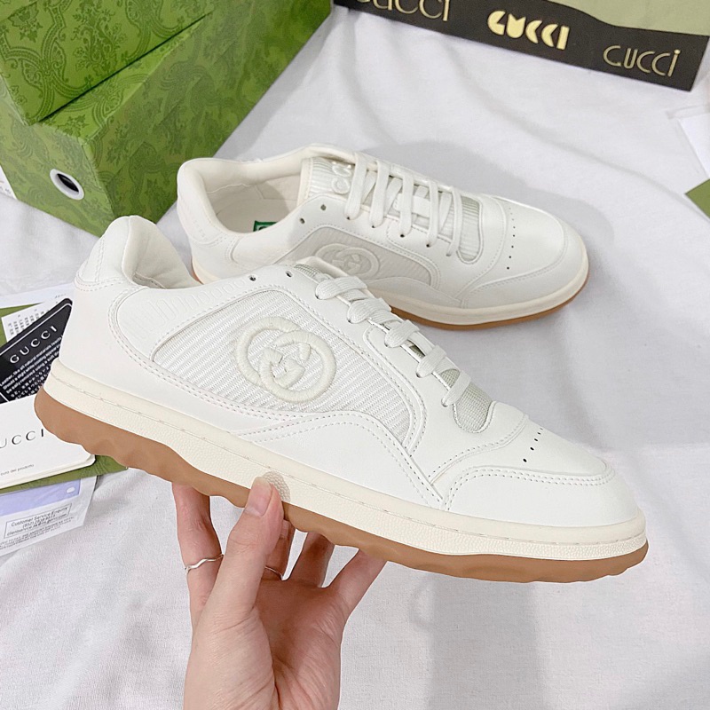 Giày Thể Thao Gucci Mac80 Leather Trainers In Cream Gucci Chunky Trắng Sữa Đế Vàng Full Bill Box