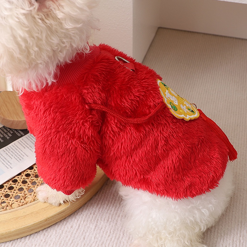 Áo Mặc Họa Tiết Giáng Sinh Năm Mới Màu Đỏ Có Khóa Vòng Nhẫn Giữ Ấm Mùa Đông Cho Thú Cưng