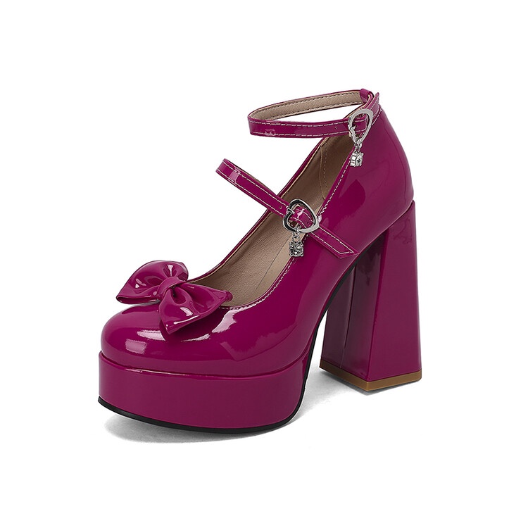 Giày Cao Gót Da Bóng Mũi Tròn Đế Dày Chống Thấm Nước Đính Nơ Cỡ 34-43 12cm Thời Trang Xuân Thu Cho Nữ