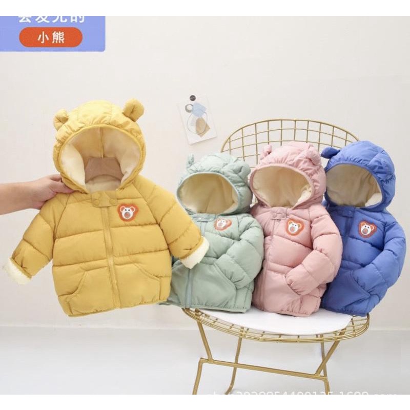 Áo khoác phao lót nỉ bông họa tiết mũ tai thỏ cho bé trai, bé gái size 8-16kg