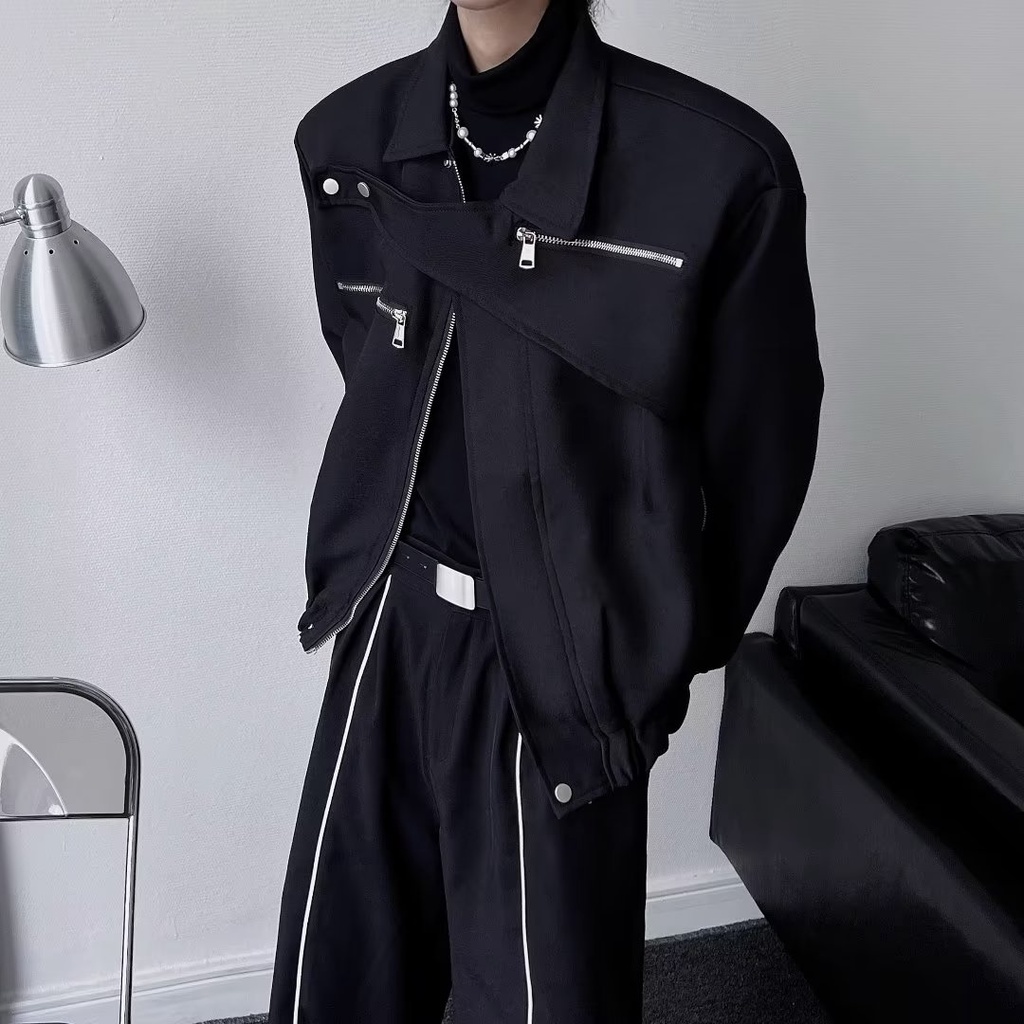 Áo khoác nam  ngắn màu Đen thiết kế Đơn giản thời trang xuân thu hàng mới 2023 dành cho nam nữ thời trang thường ngày Áo khoác dây kéo sành Điệu thời trang