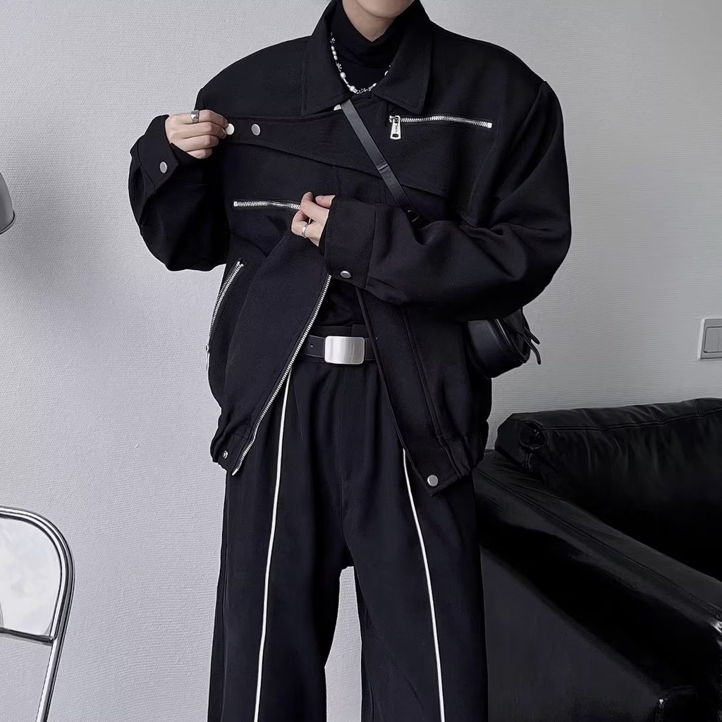 Áo khoác nam  ngắn màu Đen thiết kế Đơn giản thời trang xuân thu hàng mới 2023 dành cho nam nữ thời trang thường ngày Áo khoác dây kéo sành Điệu thời trang