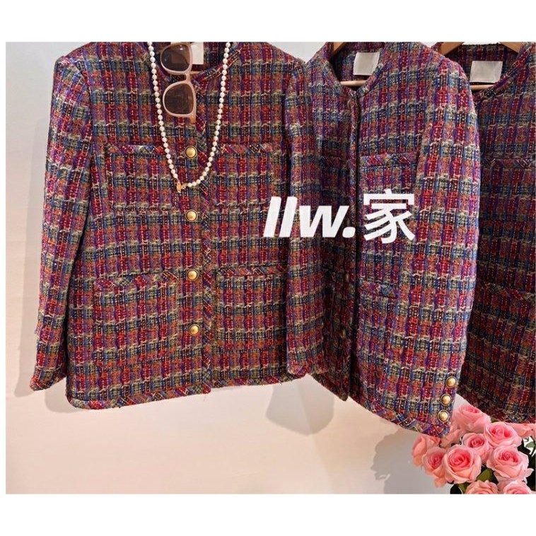 Áo Khoác Vải tweed Mỏng Họa Tiết Kẻ Sọc Màu Đỏ Xanh Dương Phong Cách Thời Trang Mùa Thu Mới Dành Cho Nữ