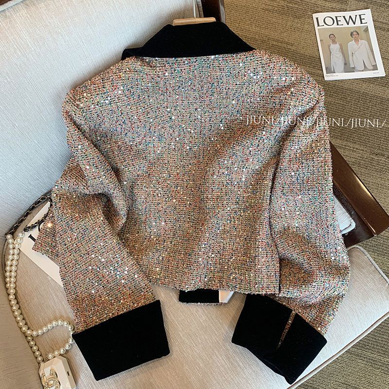 Áo Khoác Cổ polo Đính Kim Sa Màu Sắc Tương Phản Phong Cách Pháp Thời Trang Thu Đông 2023 Cho Nữ