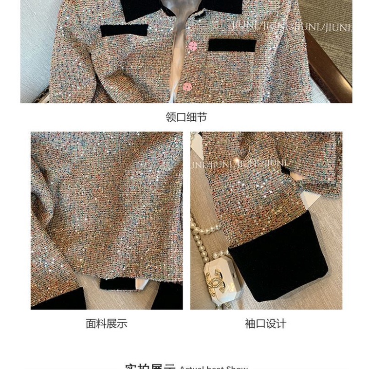 Áo Khoác Cổ polo Đính Kim Sa Màu Sắc Tương Phản Phong Cách Pháp Thời Trang Thu Đông 2023 Cho Nữ