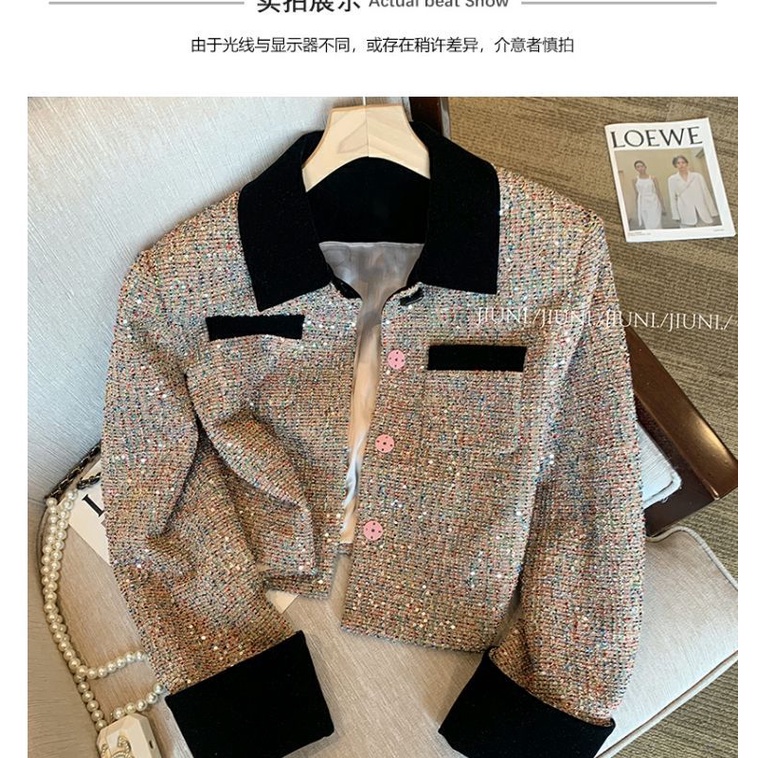 Áo Khoác Cổ polo Đính Kim Sa Màu Sắc Tương Phản Phong Cách Pháp Thời Trang Thu Đông 2023 Cho Nữ