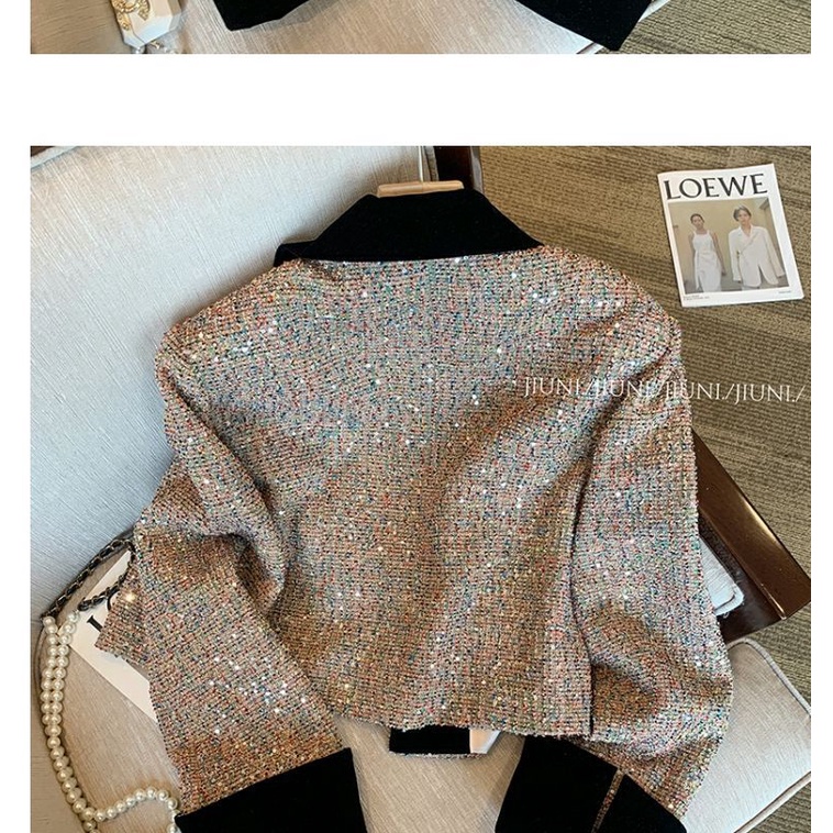 Áo Khoác Cổ polo Đính Kim Sa Màu Sắc Tương Phản Phong Cách Pháp Thời Trang Thu Đông 2023 Cho Nữ