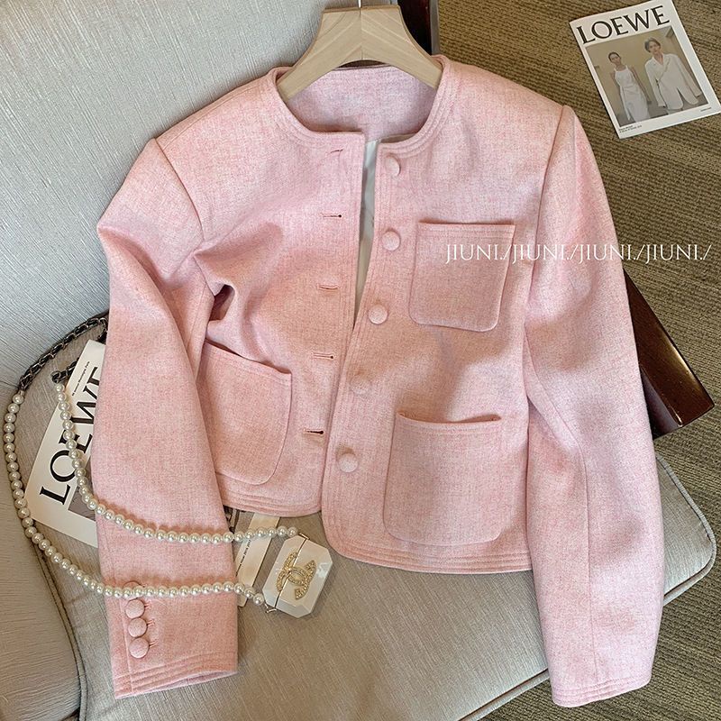 Áo Khoác Màu Hồng Phong Cách Pháp Thời Trang Thu Đông 2023 Cao Cấp Cho Nữ