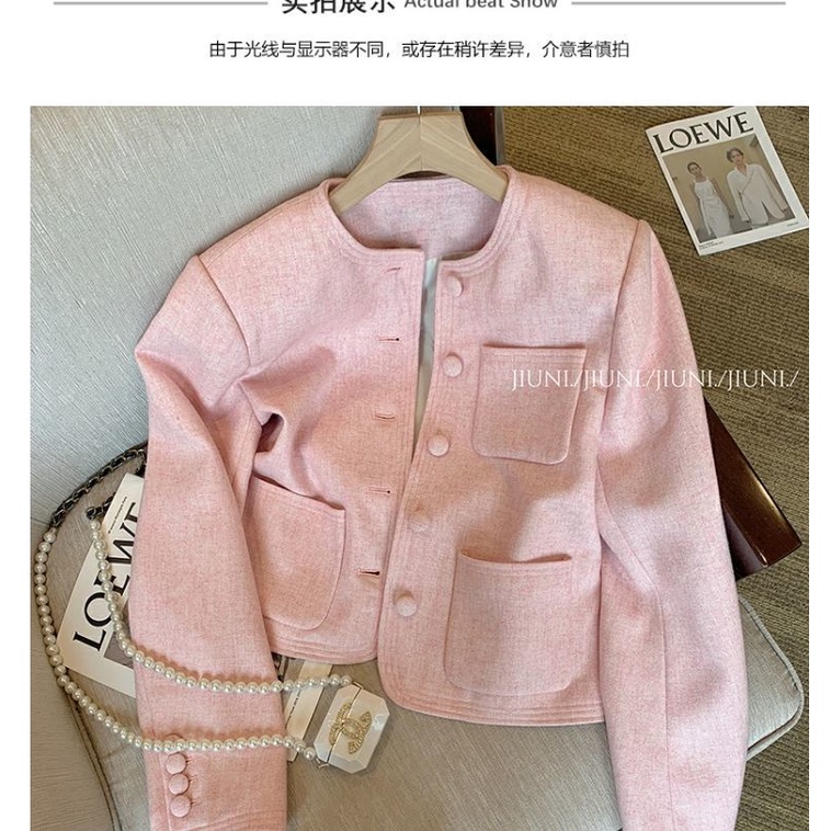 Áo Khoác Màu Hồng Phong Cách Pháp Thời Trang Thu Đông 2023 Cao Cấp Cho Nữ