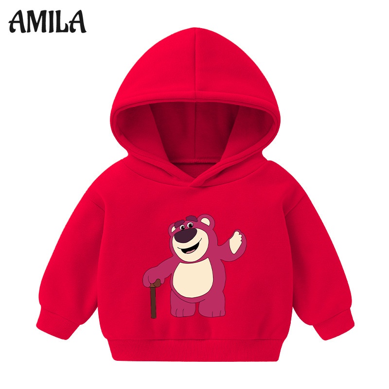 Amila Áo hoodie Màu Đỏ Họa Tiết Gấu Và Dâu Tây Dễ Thương Cho Bé