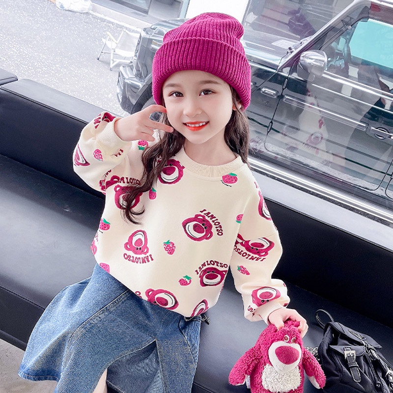 Áo sweater JOYNCLEON tay dài in hình gấu dâu tây dễ thương thời trang xuân thu cho bé gái