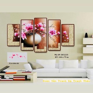 Tranh đính đá tranh thêu bình sen 5 bức chưa đính lv561 chưa thêu lv3521
