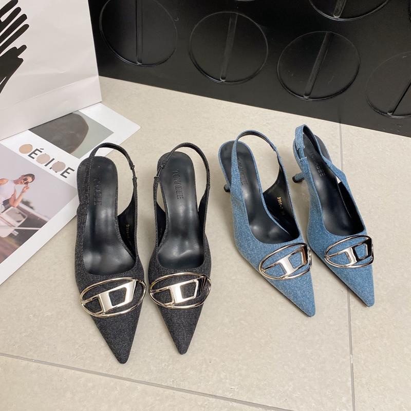 Hong Kong Premium shoes❥Giày Cao Gót Mũi Nhọn Chất Liệu denim Thời Trang Cho Nữ