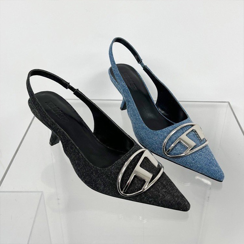 Hong Kong Premium shoes❥Giày Cao Gót Mũi Nhọn Chất Liệu denim Thời Trang Cho Nữ