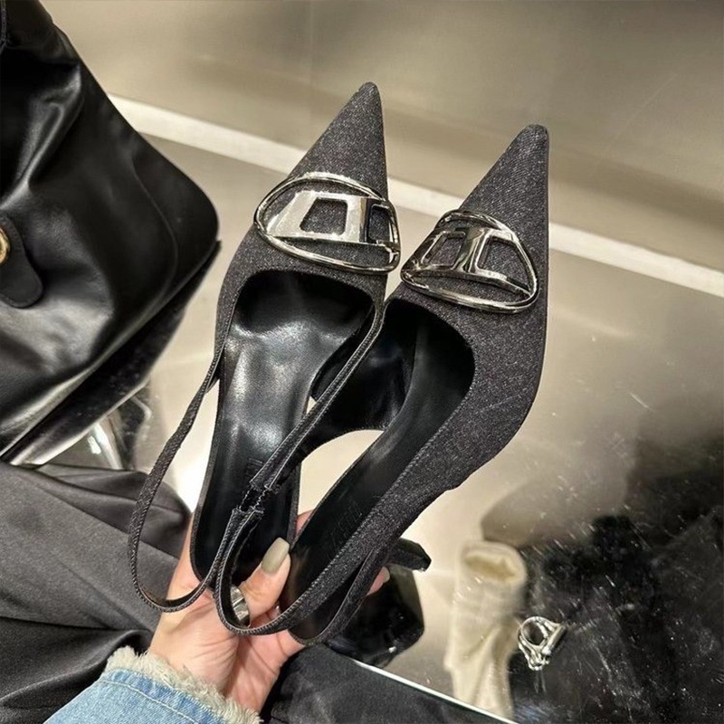 Hong Kong Premium shoes❥Giày Cao Gót Mũi Nhọn Chất Liệu denim Thời Trang Cho Nữ