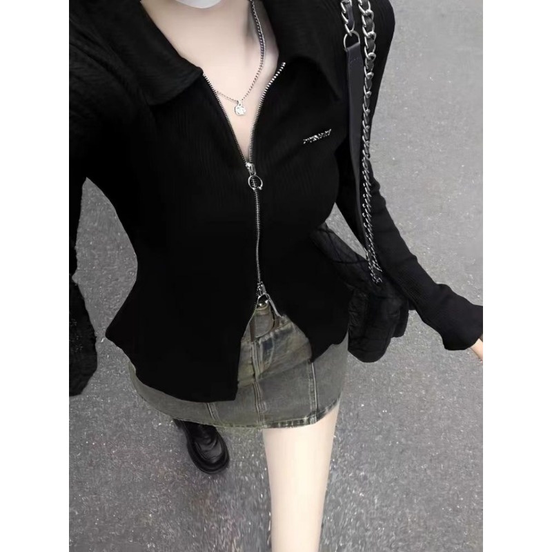 Áo Thun polo Dài Tay Dáng Ôm Phối Khóa Kéo Thời Trang Xuân Thu Cho Nữ