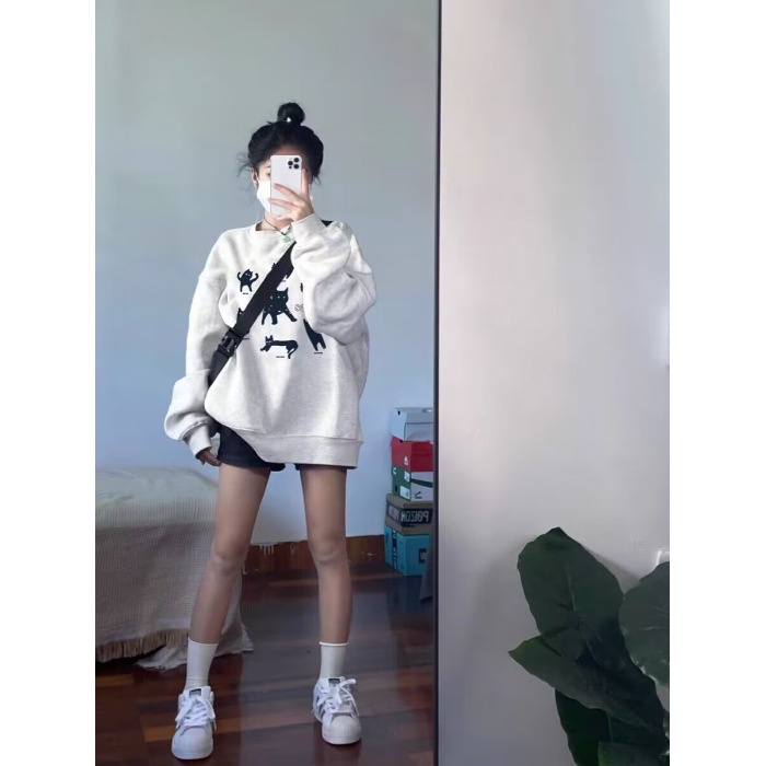 Áo sweater Áo nỉ dài tay Áo Thun Nỉ Tay Dài Cổ Tròn Dáng Rộng In Hình Cô Gái Phong Cách Thời Trang