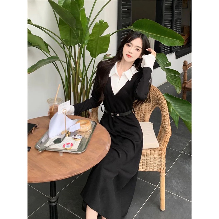 Cozok Đầm Tay Dài Phối Màu Thời Trang Ôm Eo