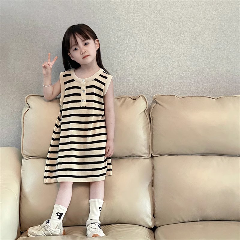 Đầm Mùa Hè Họa Tiết Kẻ Sọc Dễ Thương Phong Cách Hàn Quốc Cho Bé Gái