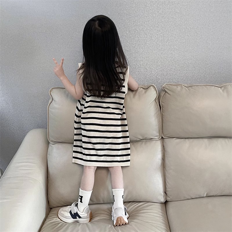 Đầm Mùa Hè Họa Tiết Kẻ Sọc Dễ Thương Phong Cách Hàn Quốc Cho Bé Gái