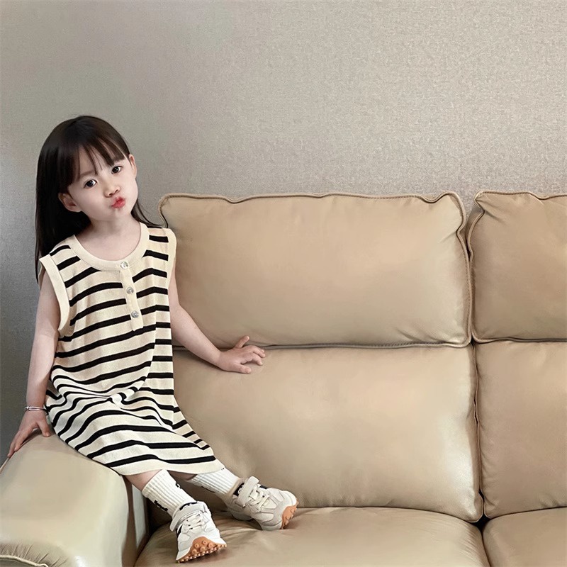 Đầm Mùa Hè Họa Tiết Kẻ Sọc Dễ Thương Phong Cách Hàn Quốc Cho Bé Gái